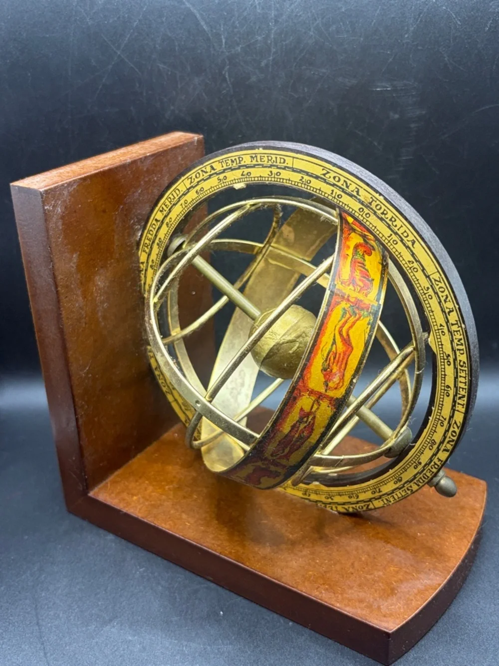 Vintage Italian Brass Armillary Sphere Zodiac Climate Zones Wooden Base Bookend